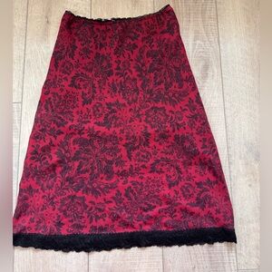 Y2K Floral Brocade Red and Black Midi Skirt Sz Med Lace Hem Whimsigoth Femme